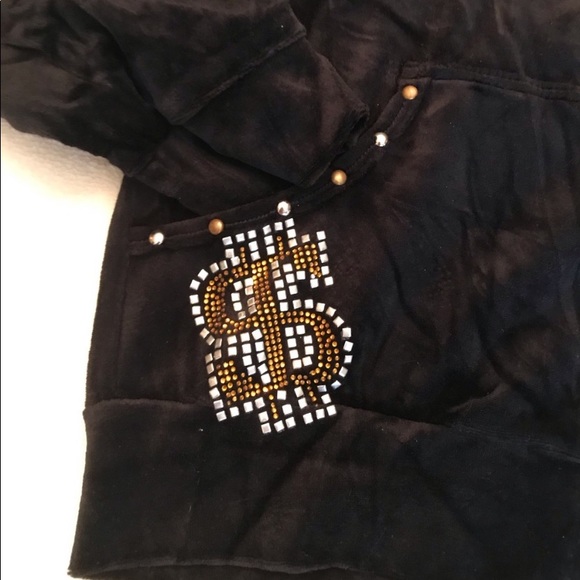 Unique Black Velour 💸💰Million Dollar Baby Rhinestone & Stud Money Print Hoodie - Picture 4 of 6